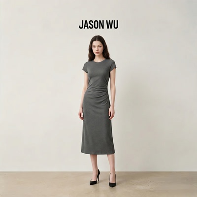 JASON WU-J系列时尚通勤抽褶设计中长款短袖T恤连衣裙女夏季新款