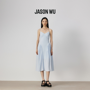 邓恩熙张南同款| JASONWU醋纤亚麻绑带露背吊带褶皱度假连衣裙