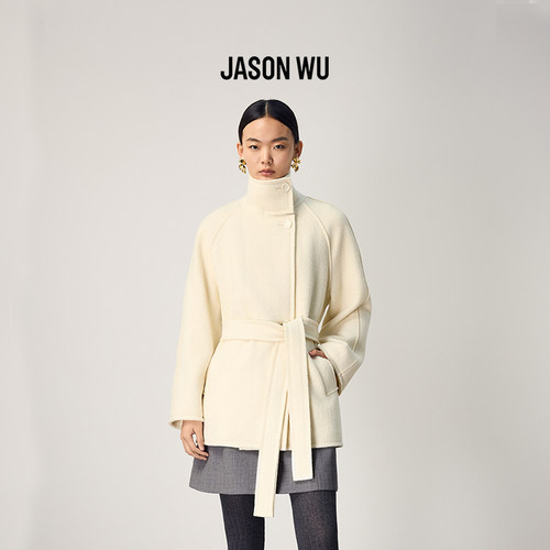【绵羊毛】JASON WU新款圈圈肌理系带立领毛呢大衣外套女