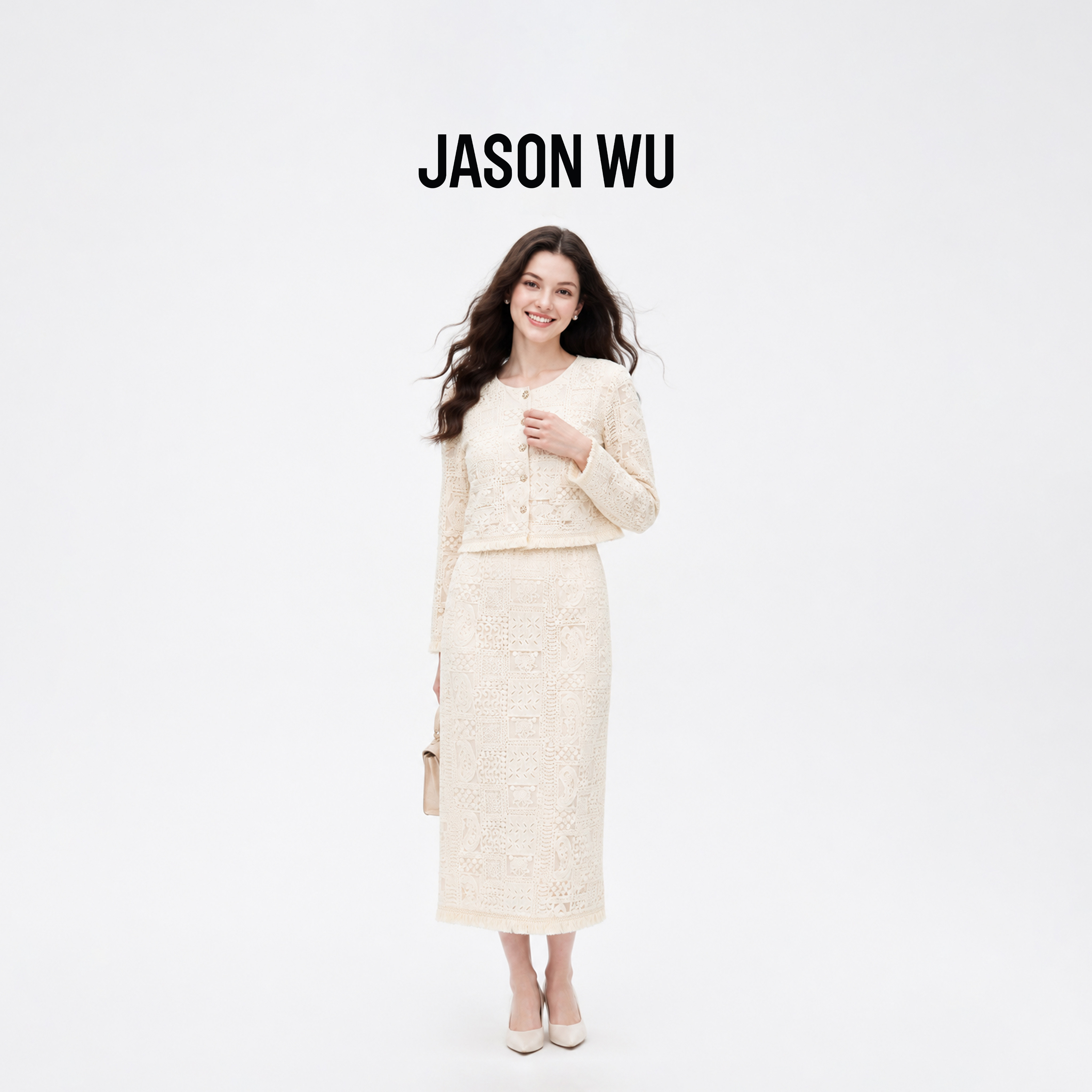 JASON WU-J系列甜美气质蕾丝花边淑女风中长款流苏半身裙早秋新款