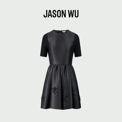 JASON WU2026年春季新款丝带绣针梭拼连衣裙女士短袖圆领小黑裙