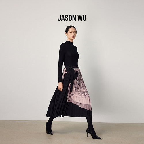 JASON WU新款时尚气质宽松设计感印花百褶裙半身裙裙子女