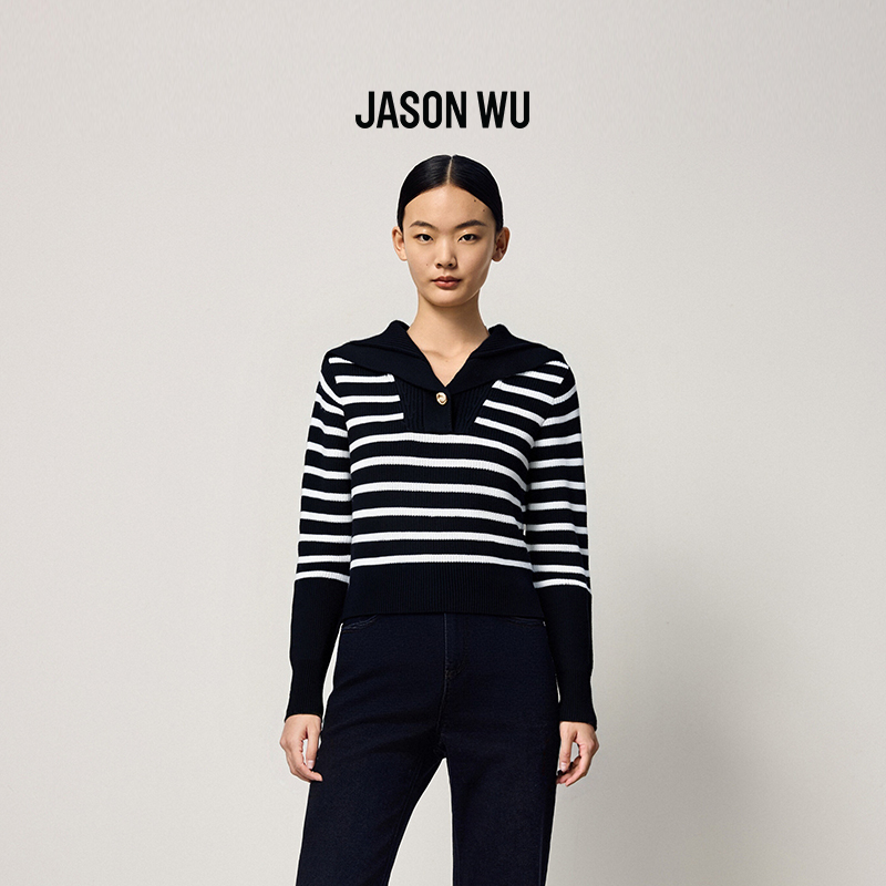 【绵羊毛】JASON WU2025秋冬新款时尚翻领粗条纹通勤套头衫针织衫