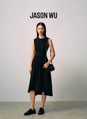 【小黑裙】JASON WU秋季新款通勤抽褶针织拼接交叉绑带长裙连衣裙