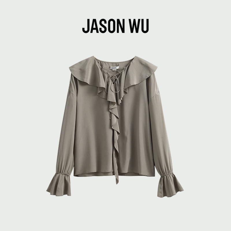 JASON WU 夏季新款100%桑蚕丝荷叶边领新中式上衣衬衣衬衫女