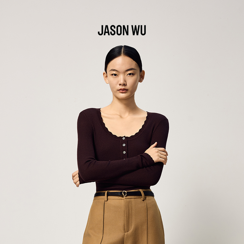 JASON WU2025秋冬新款时尚花瓣边亨利领修身打底针织衫小衫上衣女