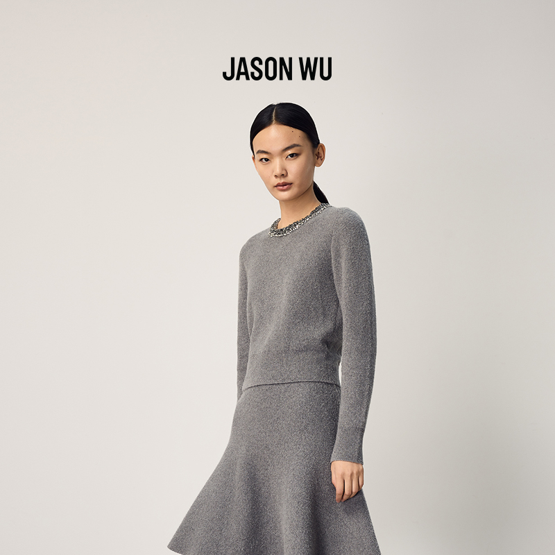 JASON WU2025秋冬新款简约百搭通勤修身钻饰肌理感针织衫毛衫上衣