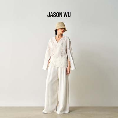 JASON WU2026年夏季镂空刺绣阔腿裤女士白色休闲自然腰直筒长裤
