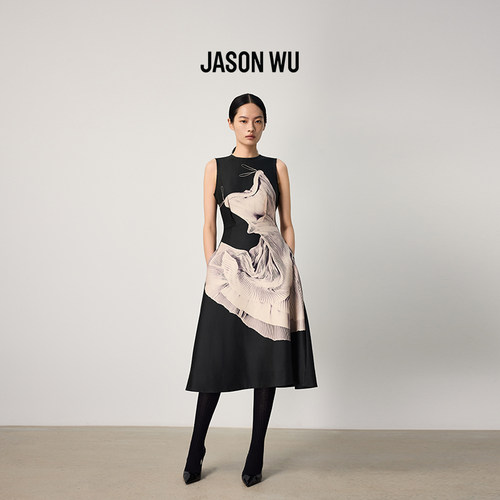 JASON WU印花真丝羊毛连衣裙女士无袖收腰中长款印花裙子