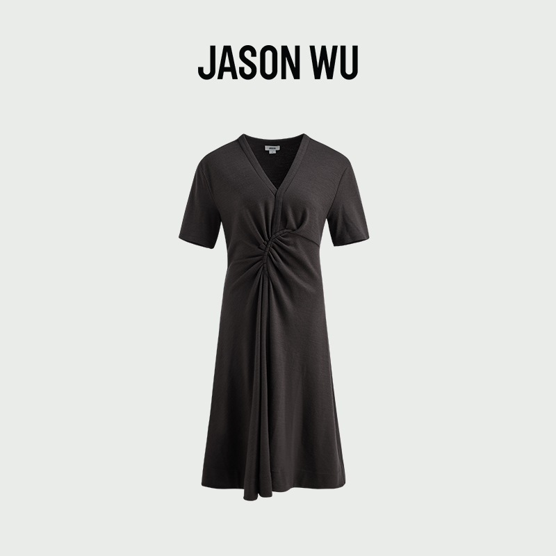 JASON WU 秋冬新款通勤休闲百搭简约V领褶皱短袖裙子长裙连衣裙