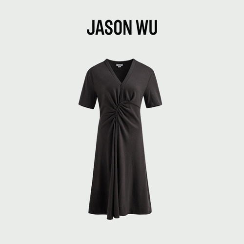 JASON WU 新款通勤休闲百搭简约V领褶皱短袖裙子长裙连衣裙