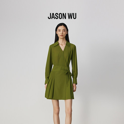【刘亦菲同款】JASON WU春夏新款气质百褶衬衫系带连衣裙雪纺裙
