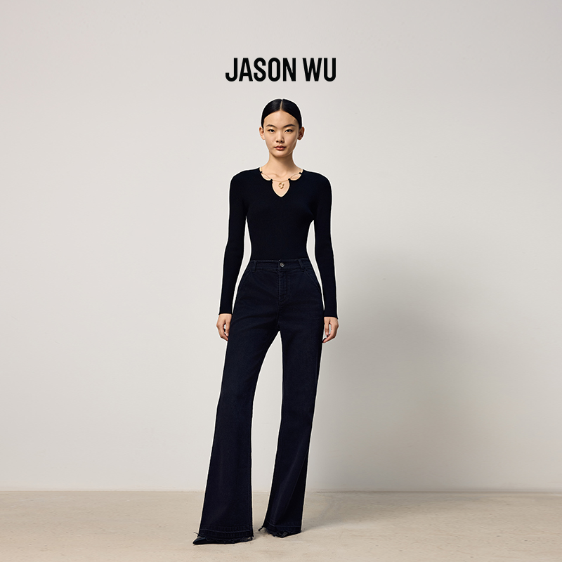 JASON WU2025秋冬新款修身通勤纯色时尚潮流毛边喇叭牛仔裤裤子女