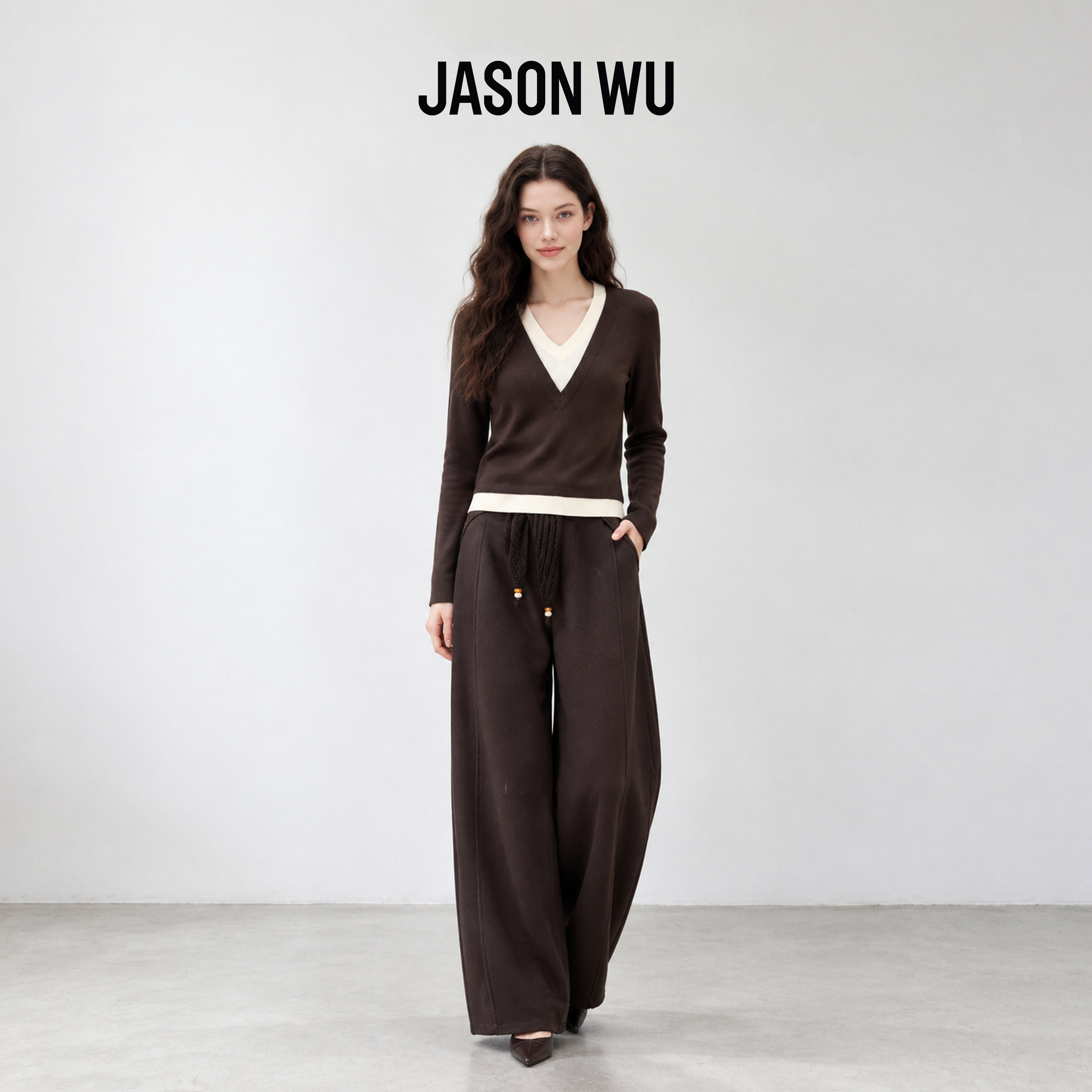 JASON WU-J系列V领假两件针织衫女秋季撞色白边修身长袖毛衣上衣