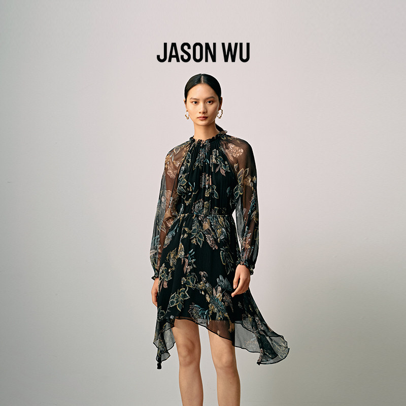 【新品】JASON WU 新款真丝印花不规则下摆裙子连衣裙