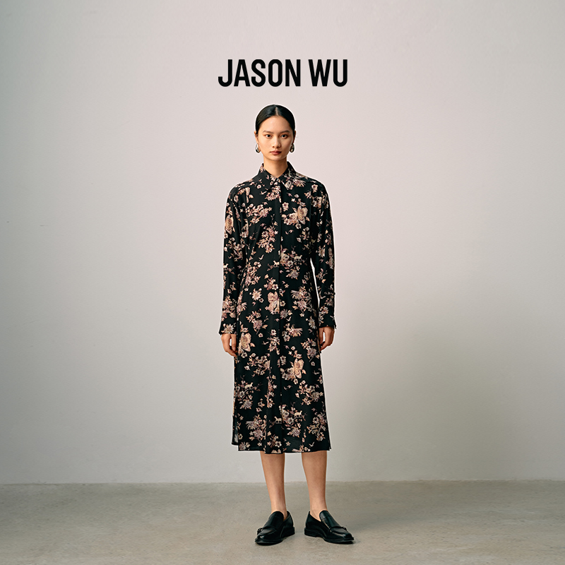 【真丝】JASON WU 25年秋冬新款长袖收腰显瘦印花衬衫连衣裙裙子
