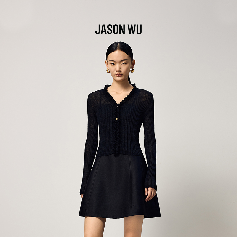 【绵羊毛】JASONWU2025秋冬新款V领荷叶边纯色气质开衫针织衫毛衣