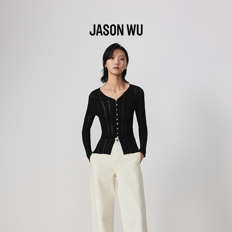 JASON WU 25年秋季新款简约通勤V领花瓣扣镂空罗纹百搭针织开衫女