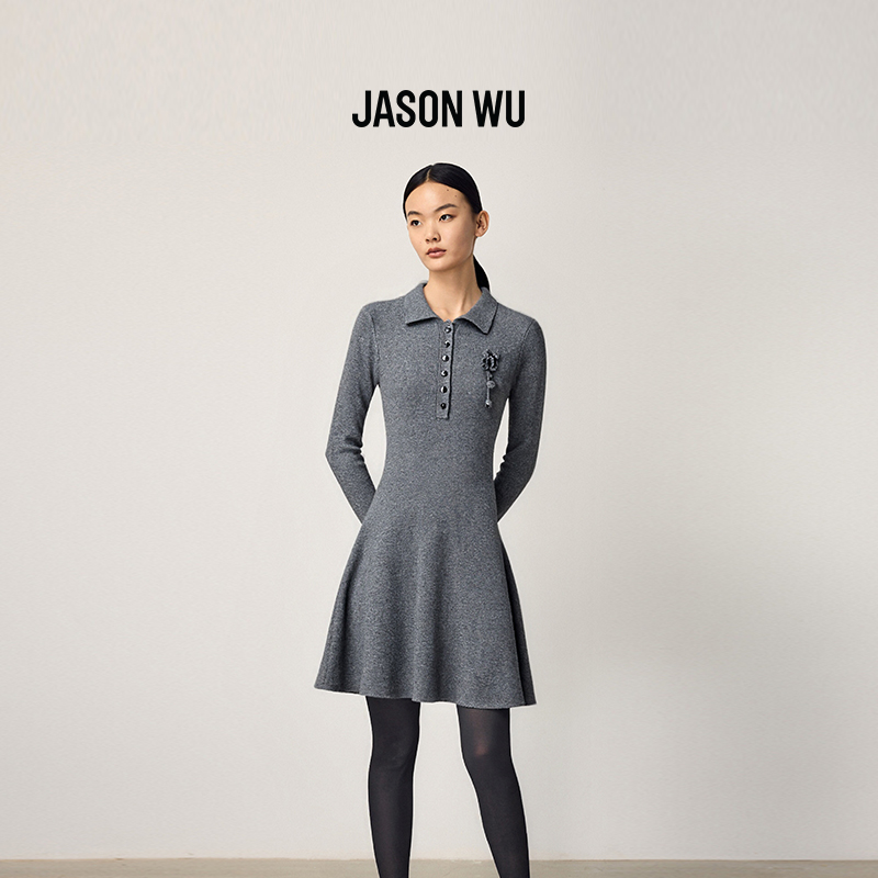 【绵羊毛】JASON WU25秋冬新款修身polo领精致手钩花毛织连衣裙女
