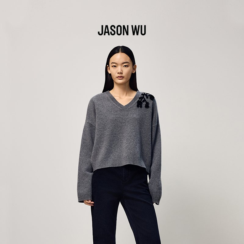 【绵羊毛】JASON WU 2025秋冬新款V领宽松显瘦钩花毛衣针织衫上衣