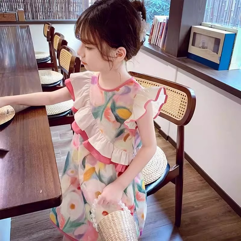 女童连衣裙夏装2025新款洋气儿童小飞袖背心裙女孩棉布碎花公主裙