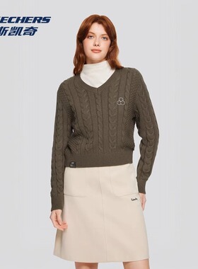 Skechers斯凯奇女士时尚V领针织毛衣秋冬款舒适套头卫衣L424W175