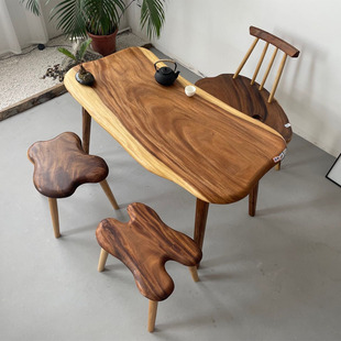 胡桃木实木大板桌随形自然边小茶几阳台茶桌椅组合家用泡茶台雨木
