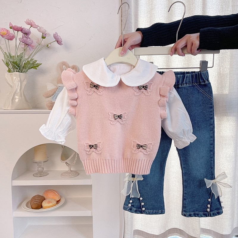 童装女宝宝春装h套装洋气儿童衣服一岁女童春秋装毛衣马甲三件套