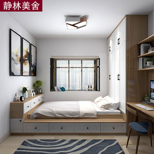 榻榻米床衣柜一体现代简欧书房书桌床柜小户型卧室高箱储物床定制