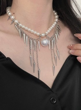 轻奢小众个性铆钉l流苏珍珠项链女潮酷时尚气质设计高级感锁骨链