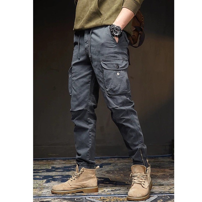 春秋季工地干活穿的裤子男耐磨宽松束脚弹力工装裤户外.劳保工作