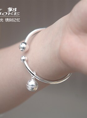 999银手镯女纯银年轻款简约开口铃铛镯子个性实心少女手镯纯手工