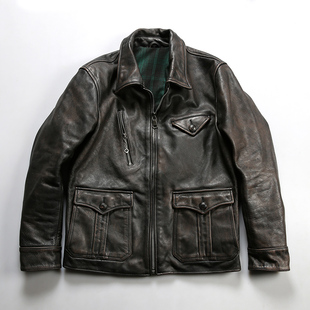 英伦工装报童皮衣做旧头层牛皮夹克 修身短款翻领机X车真皮外套男