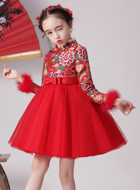 女童旗袍改良中j国风儿童唐装长袖小孩宝宝童装拜年服冬季加厚红