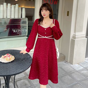 气质V领显瘦红色小礼服 200斤胖mm大码 遮肚子连衣裙 a型2022年新款