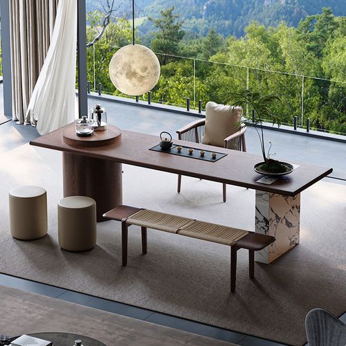 意式轻奢岩板实木茶桌椅组合现代办公室泡茶桌高级感家用别墅茶台