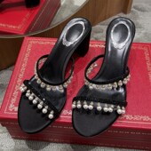 2025春夏季 高 粗N跟仙女风水晶凉拖鞋 新款 水钻珍珠流苏一字带凉鞋