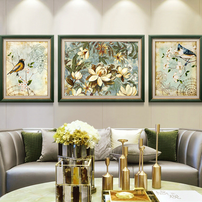 美式乡村客厅装饰画简美简欧沙y发背景墙三联壁画田园花鸟餐厅挂