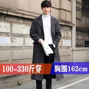 秋冬胖子外套男加肥加大码潮流休闲过G膝风衣毛呢格子大衣特大号