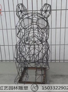 玻璃钢几何切面斗牛犬狗雕塑抽象彩绘不锈钢镂空动物狗园林创意摆