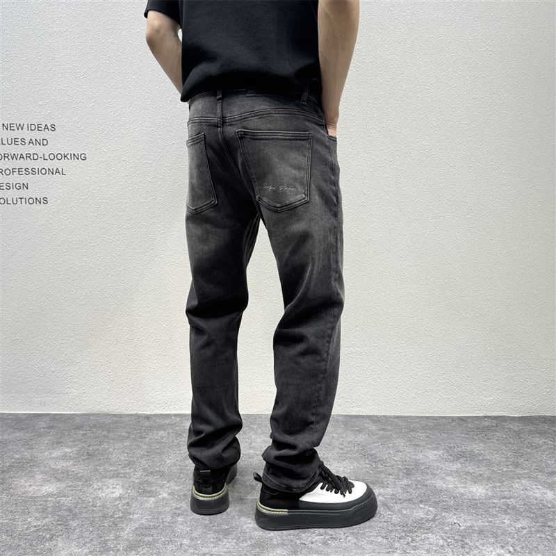 美式高街复古水洗黑弹力s小直筒牛仔裤男冬季加绒厚有型显瘦长裤