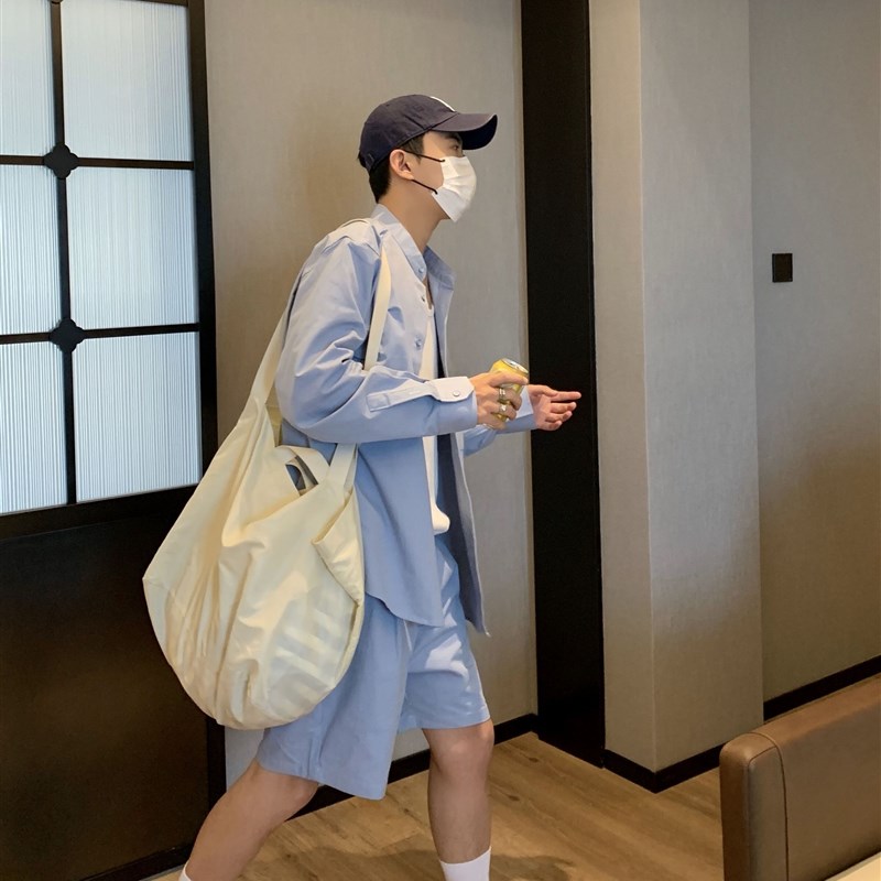 晨树 简约颜值款挺括版新中式 A长袖短裤套装纯色长袖衬衫百搭衬