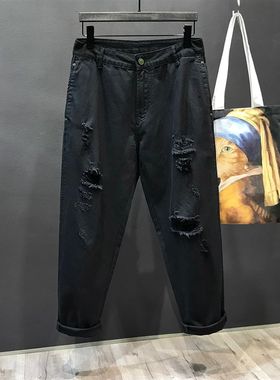 纯黑色破洞裤子男宽松哈s伦直筒九分裤春夏薄款纯棉休闲潮牌牛仔
