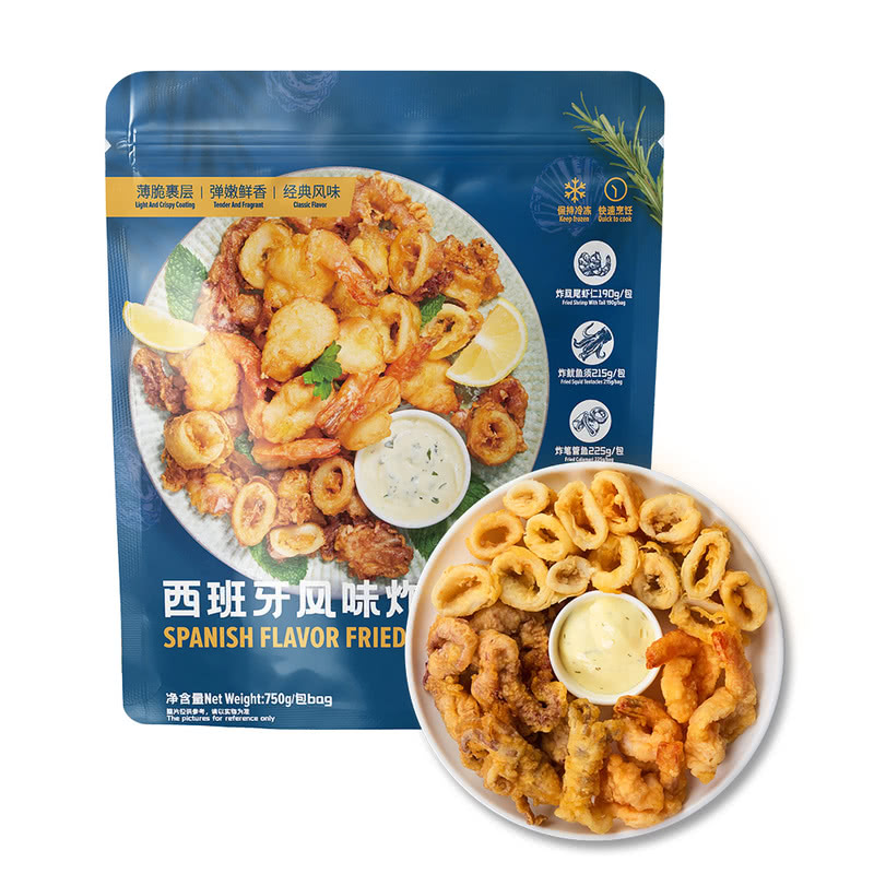 山姆会员超市代购 西班牙风味海鲜拼盘750g 凤尾虾仁鱿鱼油炸小吃