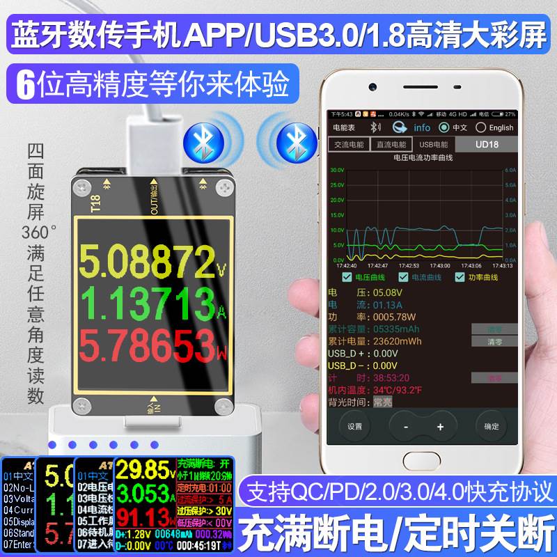 炬为T18usb测试仪QC4.0 Type-C PD快充检测仪数显电压表电流检测