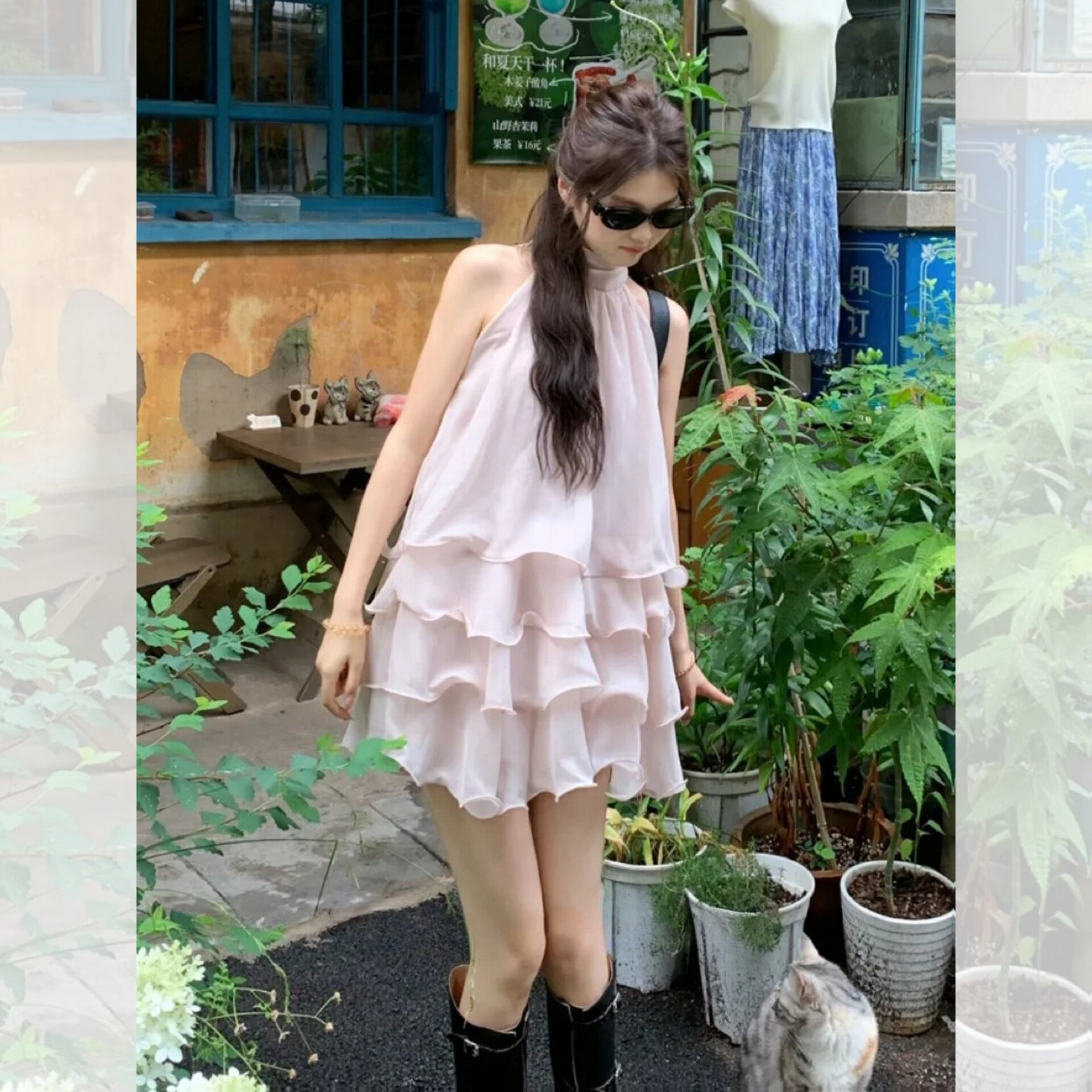 清新甜美挂脖连衣裙夏季无袖荷叶边设计显高气质短款小个子穿搭