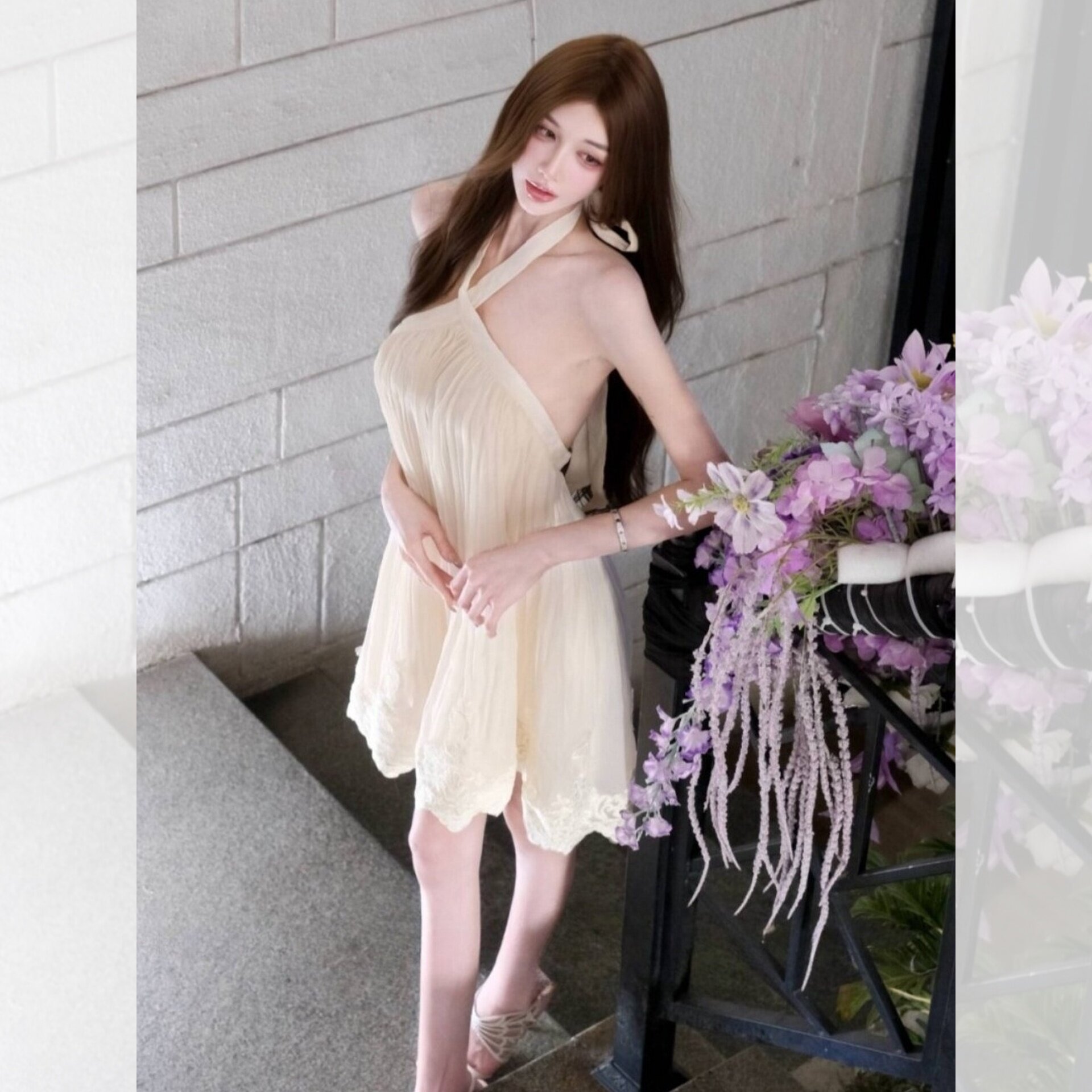 仙女风雪纺吊带连衣裙女夏季露肩绑带百褶修身显瘦气质短裙两件套