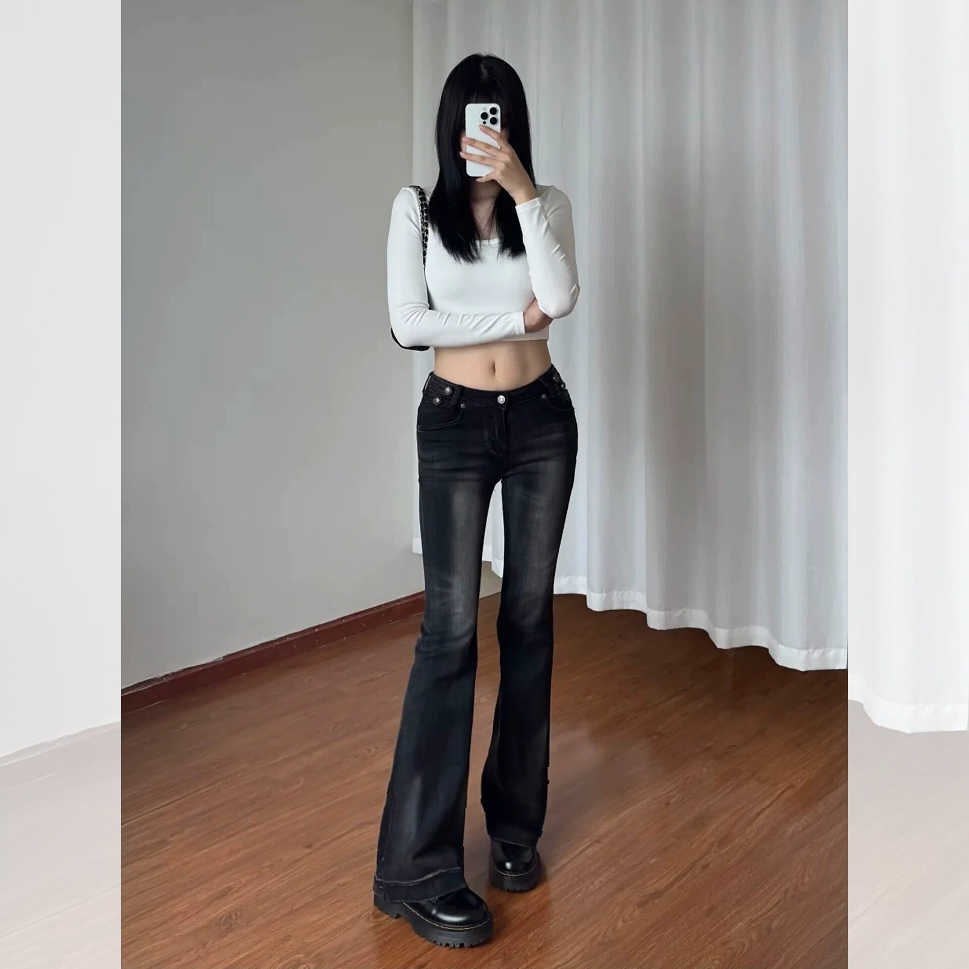 【建模腰臀比】美式辣妹风低腰分开微喇牛仔裤女修身显瘦直筒长裤