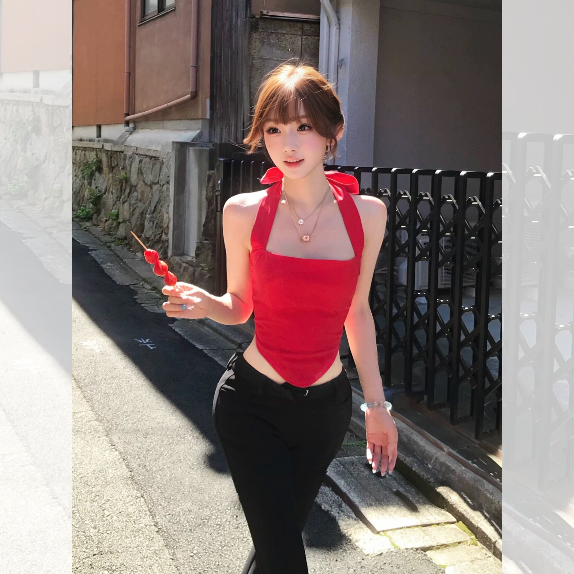 【晴日蝶姬】甜美少女感蝴蝶结挂脖吊带背心女秋纯欲辣妹短款上衣