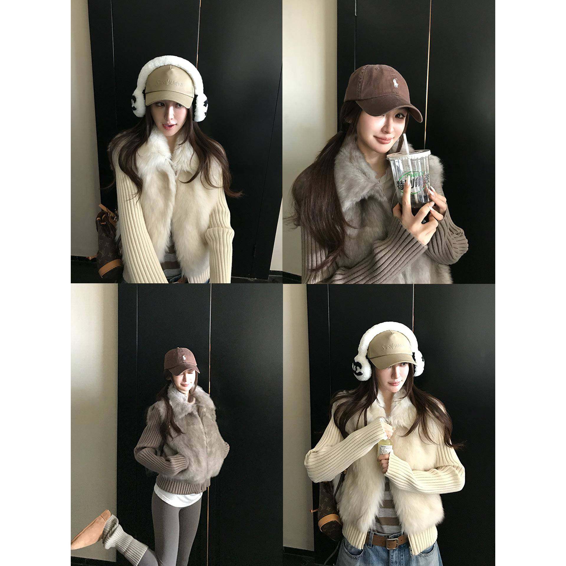 翻领拼接针织一体环保皮草女冬季2025新款狐狸毛皮毛一体毛毛外套